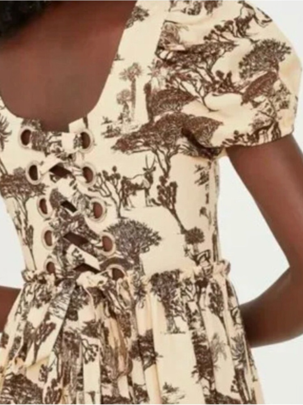 Beige Floral Square-Neck Midi Dress with Puff Sleeves - Picture 3 of 4